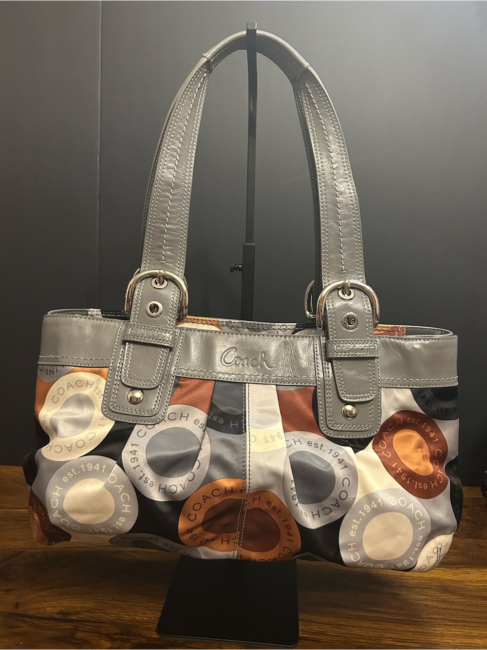 Pre-Owned Coach Snaphead Print Sateen Satchel F15129 (2010) Gray/Copper